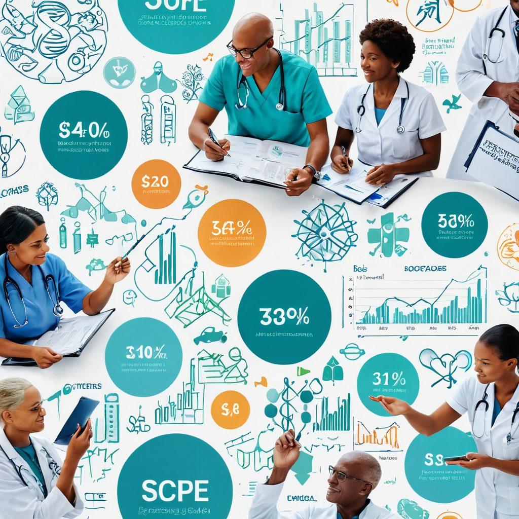 A harmonious blend of medical symbols and financial growth, featuring a diverse group of cancer patients discussing investment strategies. Incorporate imagery of healthcare professionals, charts illustrating funding growth, and elements representing hope and support. Use a soothing color palette to evoke a sense of care and optimism. super-realistic. vibrant colors. white background.