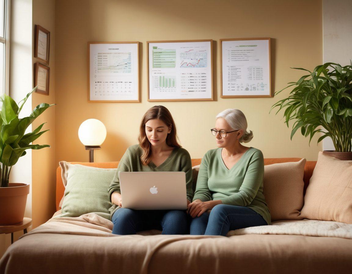 A thoughtful woman reviewing financial documents while seated next to a cancer patient in a cozy, well-lit room. The scene includes a laptop displaying graphs of smart investment strategies, soft natural light illuminating heartfelt support and care, and inspirational images on the walls conveying hope. Surrounding them are green plants symbolizing growth and healing. warm colors. super-realistic. cozy atmosphere.
